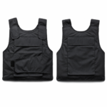 Black ballistic vest shown from the front and back on a clean white background, featuring adjustable shoulder straps and wraparound side closures.